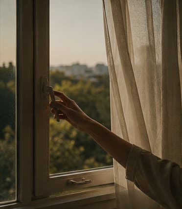 창문을 여는 손, 흔들리는 커튼